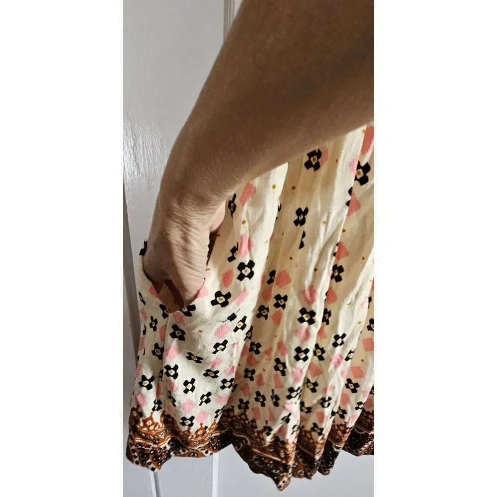 FREE PEOPLE women Rust print deep V neck‎ charlotte sleeveless tunic top Sz S